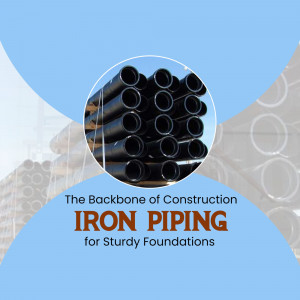Stack of black iron pipes with text overlay 'Iron Piping - Sturdy Foundations'