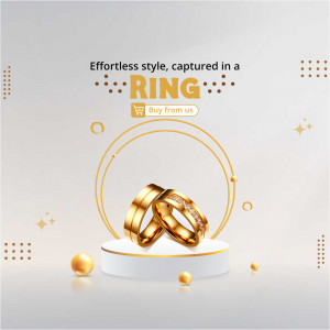 A pair of gold rings displayed on a white pedestal with a 'Buy from us' call to action.