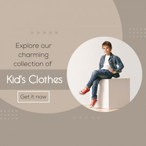 A young boy modeling kids clothes with a promotional banner.