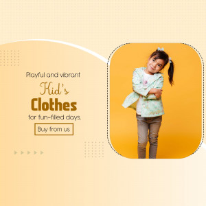 A young girl modeling colorful kid's clothes against a yellow background with text promoting playful and vibrant clothing.