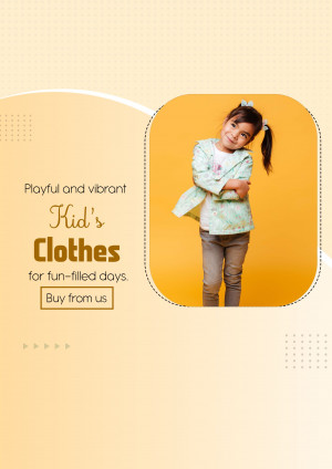 A young girl modeling kids clothes with a promotional banner.