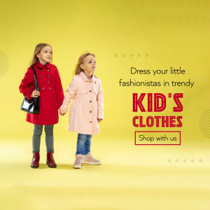 Two young girls in stylish coats promoting kids clothing sale