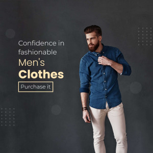 Man in blue denim shirt and beige pants promoting men's clothing