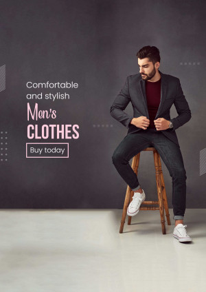 A stylish man sitting on a stool wearing a suit and jeans, promoting men's clothing.