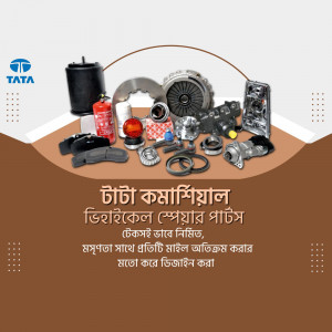 Assortment of Tata commercial vehicle spare parts displayed on a brown background with text in Bengali.