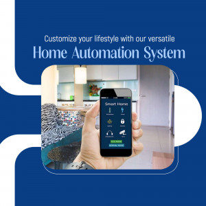 Hand holding a smartphone displaying a home automation app interface with a modern kitchen in the background.