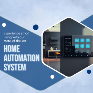 Image of a smart home automation control panel with a modern living room in the background.