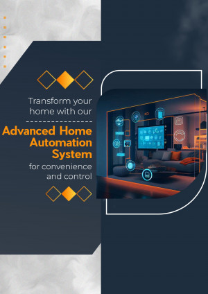 Modern living room with smart home automation system displayed on a wall-mounted screen.