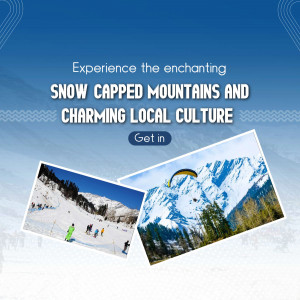 Image of snow-capped mountains and a glimpse of local culture, promoting a travel experience.