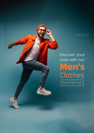 A stylish man in orange clothing promoting men's clothes.