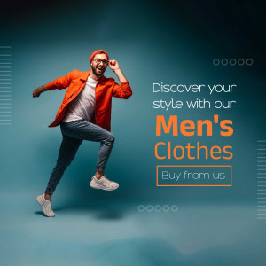 A man in orange clothing promoting men's clothes.