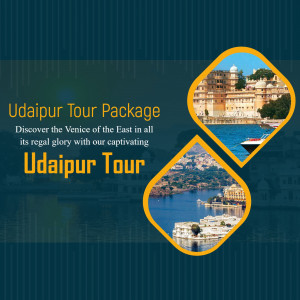 Udaipur Tour Package advertisement with images of Udaipur's palaces and lakes.
