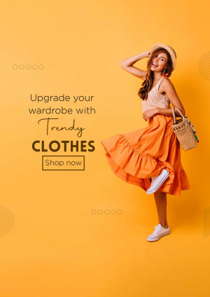 Woman in orange skirt and hat promoting trendy clothes