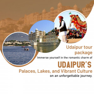 Udaipur Tour Package advertisement featuring palaces, lakes, and a cultural scene.