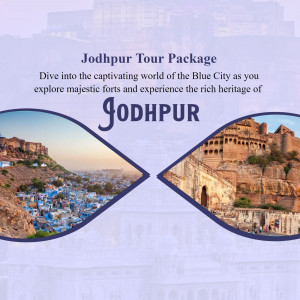 Jodhpur Tour Package advertisement featuring Mehrangarh Fort and the blue city landscape.