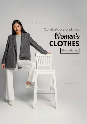 Woman in stylish blazer and white pants posing near a white chair with text 'Comfortable and chic Women's Clothes'