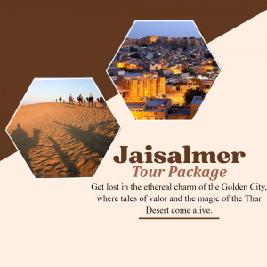 Jaisalmer Tour Package advertisement featuring desert and fort views