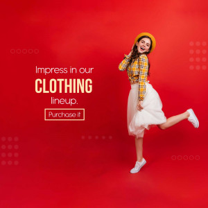A young woman in a yellow plaid shirt, white skirt, and yellow hat posing against a red background with text promoting clothing.