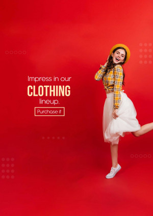 A smiling woman in a yellow plaid shirt, white skirt, and hat posing against a red background with clothing advertisement text.