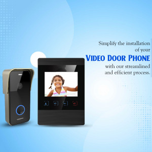 Image of a video door phone with a child visible on the screen, promoting easy installation.