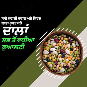 A bowl of colorful mixed seeds and grains on a dark background with text in Punjabi.