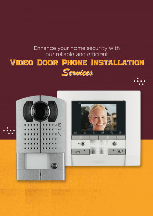 Image of a video door phone system with a woman visible on the screen, promoting home security services.
