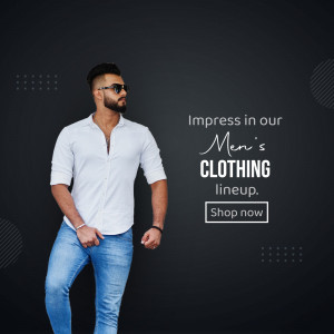 A stylish man wearing a white shirt and jeans, promoting a men's clothing lineup.