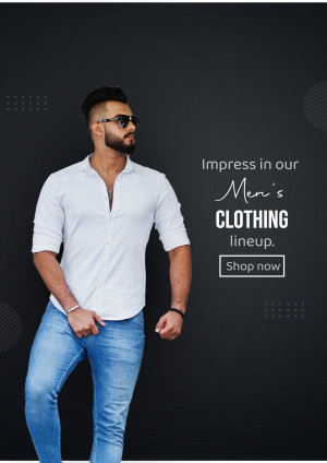Man wearing a white shirt and jeans, promoting men's clothing line.