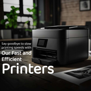 Black printer on a desk with text overlay promoting fast printing speeds