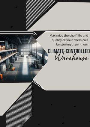 Image of a climate-controlled warehouse interior with text promoting chemical storage solutions.