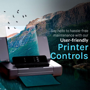Laptop displaying a scenic landscape with a printer in the foreground promoting hassle-free maintenance.