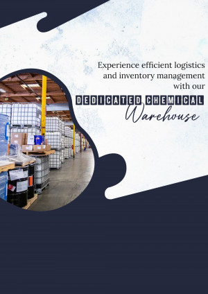 Image of a chemical warehouse with text promoting efficient logistics and inventory management.