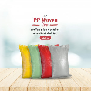 Colorful PP woven bags displayed on a wooden surface