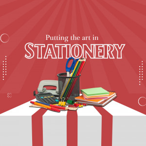 Stationery supplies arranged on a white and red striped surface with a radial red background.