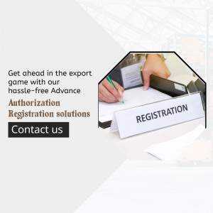 Image depicting a hand signing an export registration document with text promoting hassle-free advance authorization registration solutions.