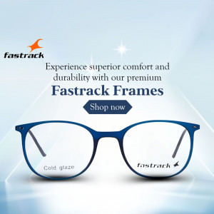 Fastrack eyeglasses with a blue frame and 'Shop Now' button