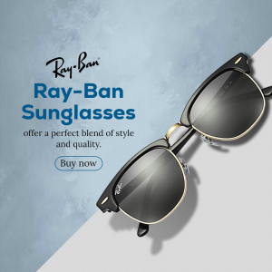 Close-up of Ray-Ban sunglasses with branding and a 'Buy Now' button.