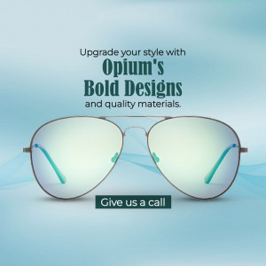 Stylish sunglasses with a teal accent, promoting Opium's bold designs.