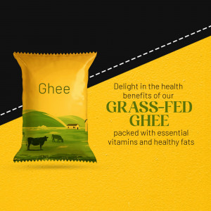 Packaging of grass-fed ghee with a scenic farm background.