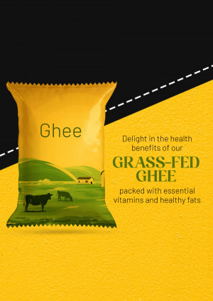 Package of grass-fed ghee with a scenic farm background