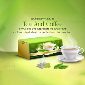 Image of tea and coffee products with a promotional message.