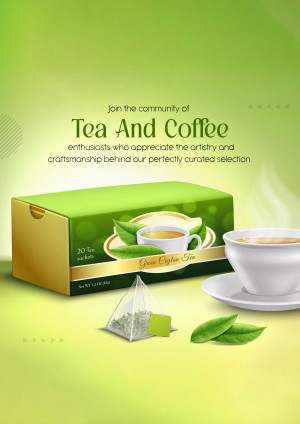 Promotional image for Tea And Coffee brand with a box of tea bags and a cup of coffee.