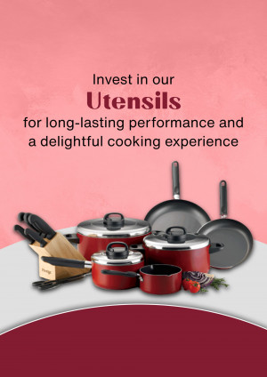 Red and silver cookware set with knives and vegetables on a pink background