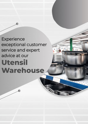 Image of cookware in a warehouse with text promoting exceptional customer service.