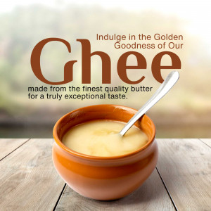 A bowl of golden ghee with a spoon, promoting its rich and exceptional taste.