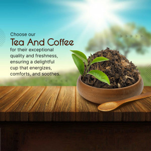 Close-up of tea leaves and coffee beans with text promoting tea and coffee.
