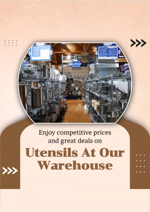 Interior view of a warehouse filled with stainless steel cookware and utensils, with promotional text.