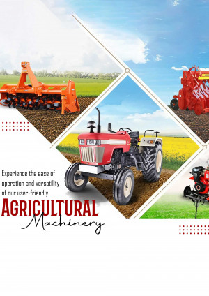 Collage of agricultural machinery including tractors and tillers