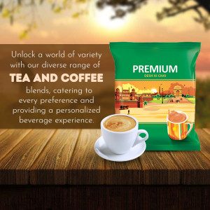Pack of Premium Desi Chai tea and coffee with a cup of coffee and tea