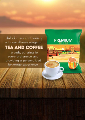 Close-up of Premium Desh Ki Chai packaging with a cup of coffee and tea